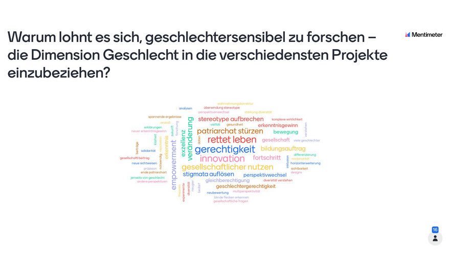 Die Gäste konnten beim Festakt bei einer kleinen Umfrage die Frage beantworten, warum es sich ihrer Meinung nach lohnt, geschlechtersensibel zu forschen. Das Ergebnis ist in einer Wordcloud zu sehen.